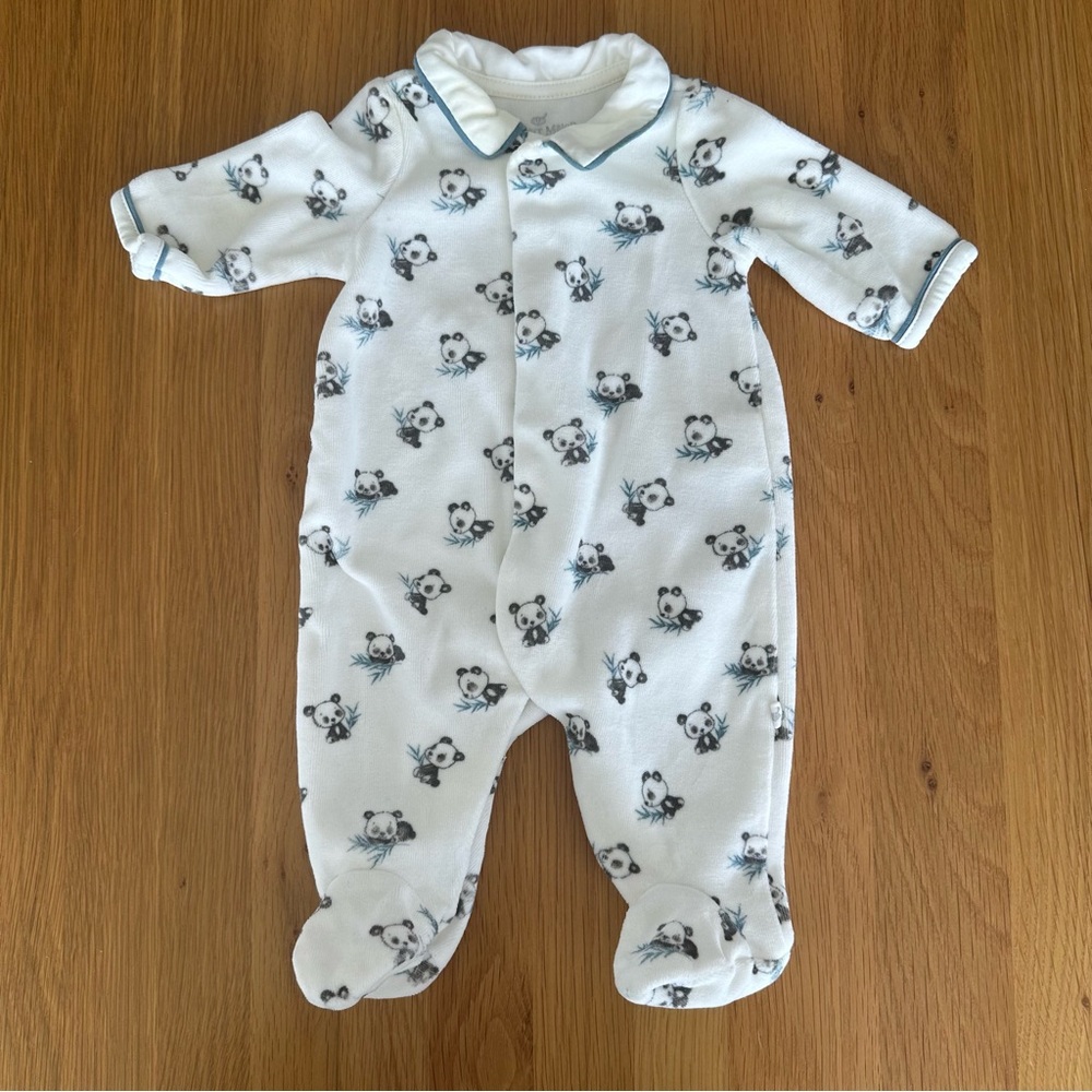 Soft White Panda Print Footies One Piece